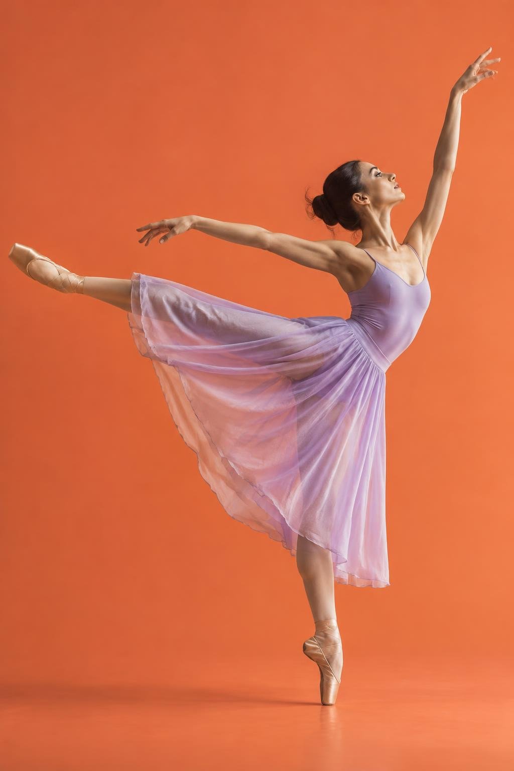 Illustrative image: an adult ballet dancer in arabesque against a coral backdrop