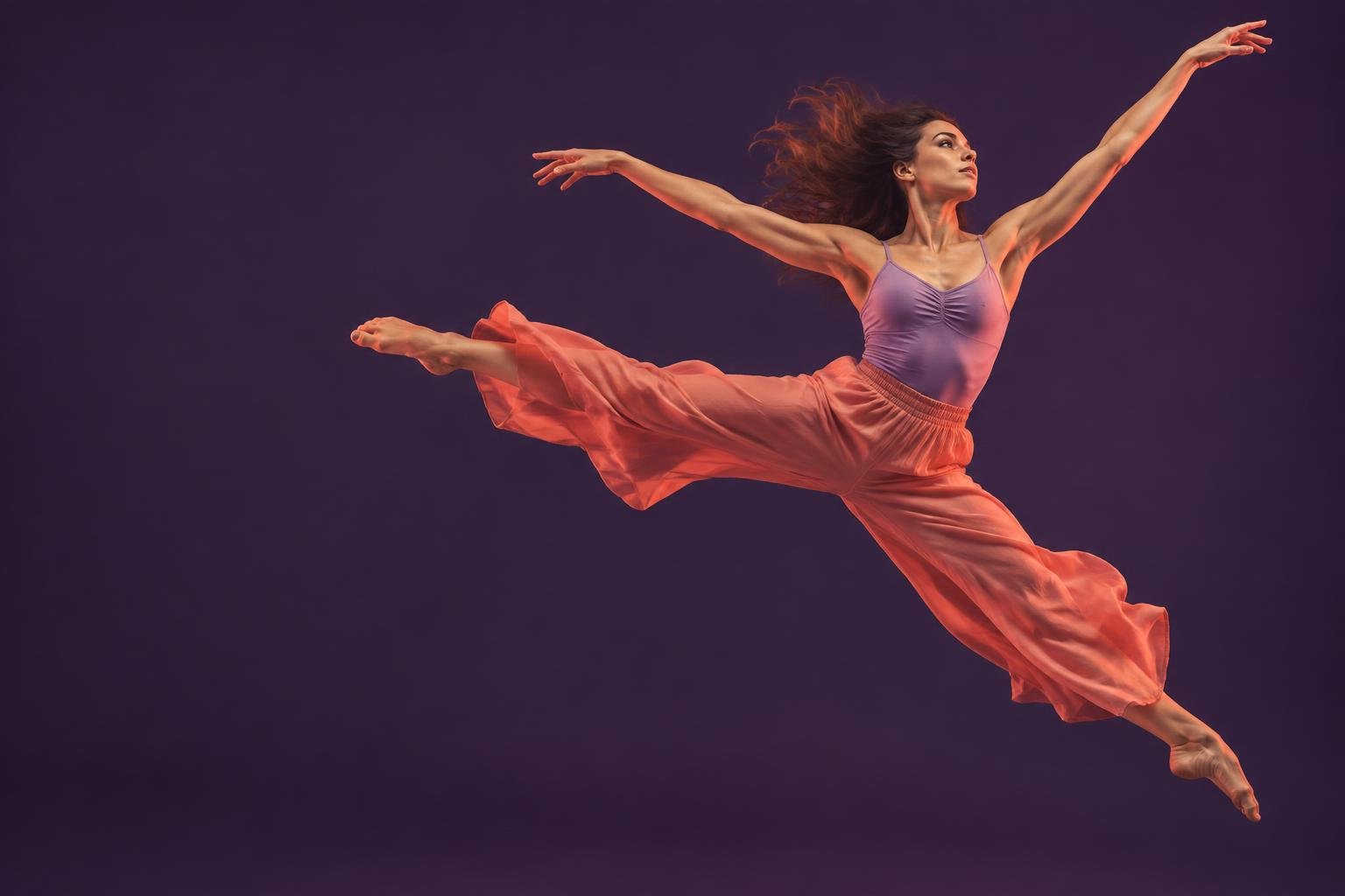Illustrative image: a contemporary dancer in coral trousers making a sweeping leap